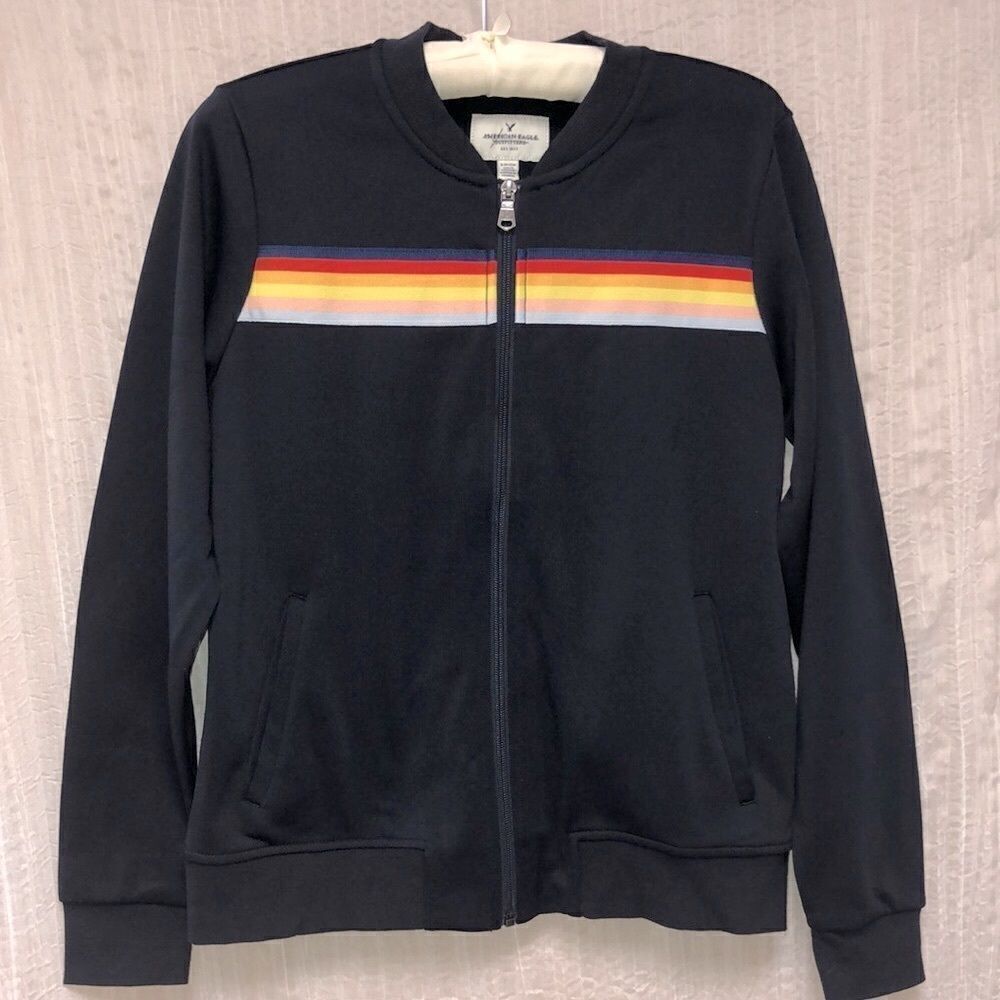 AE S Multicolored Stripe Navy Full Zip Track Jacket with Pockets